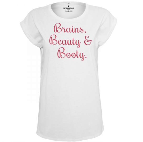 T-Shirt Weiß- Schrift Pink - "Brains, Beauty..."